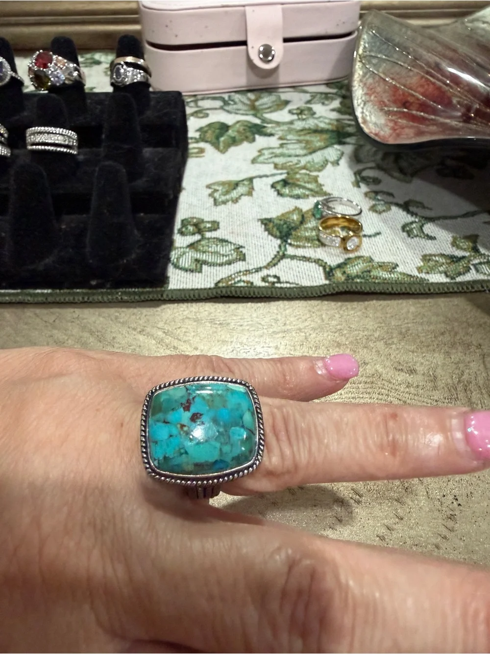Turquoise Stone Silver-Trim Ring - Blue Green Gem